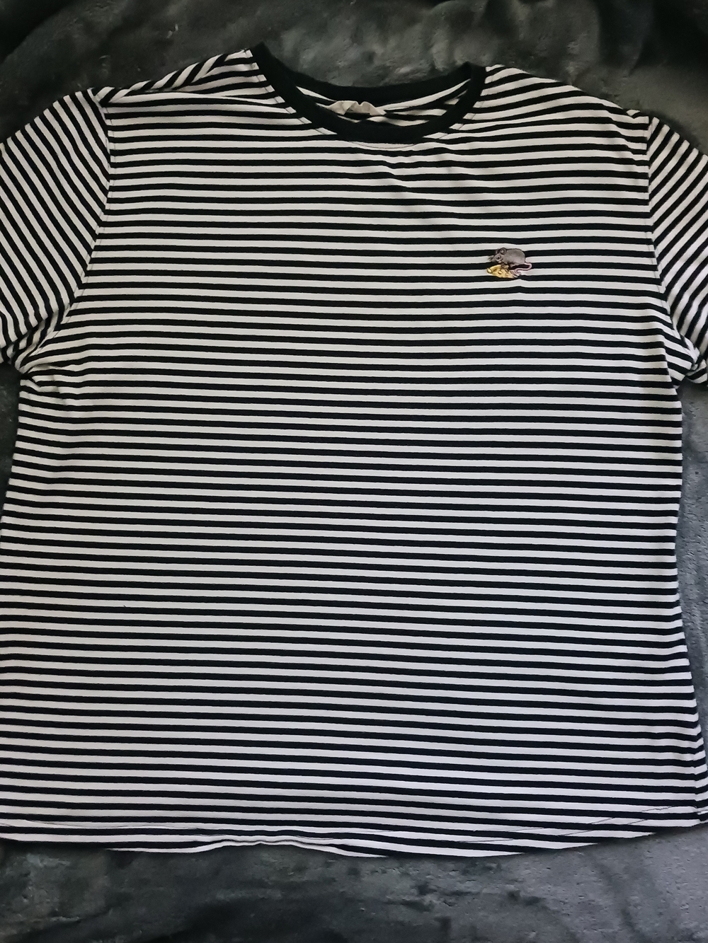 Striped Black & White Tee With Pizza Rat Embroidery